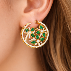 Green Stone Floral Hoop Earrings