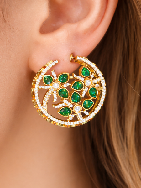 Green Stone Floral Hoop Earrings