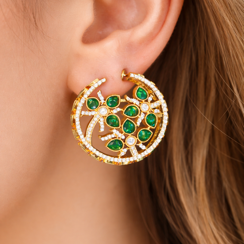 Green Stone Floral Hoop Earrings