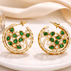 Green Stone Floral Hoop Earrings