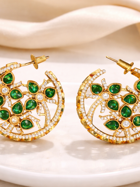 Green Stone Floral Hoop Earrings