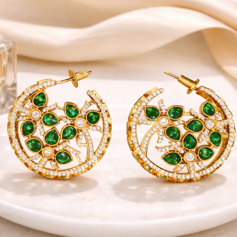 Green Stone Floral Hoop Earrings