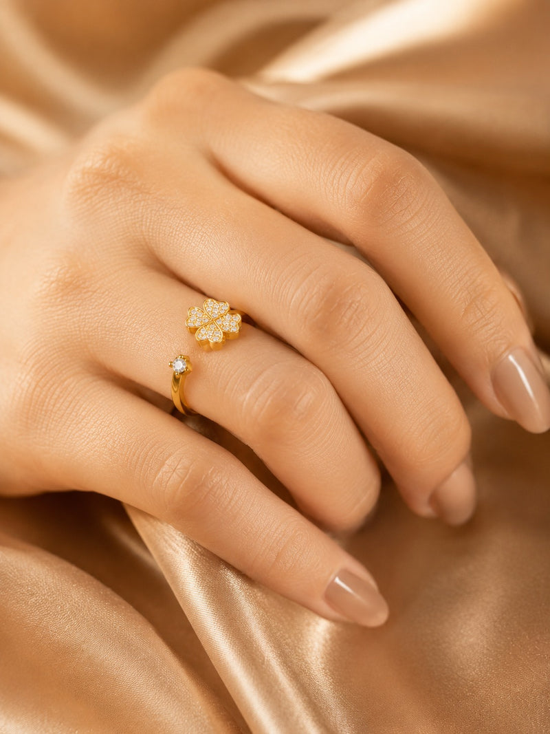 Gold Plated Four Leaf Clover Adjustable Ring for Women