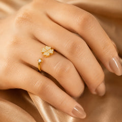 Gold Plated Four Leaf Clover Adjustable Ring for Women