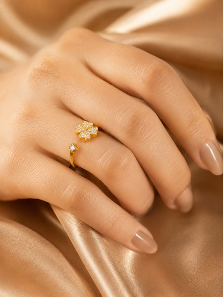 Gold Plated Four Leaf Clover Adjustable Ring for Women