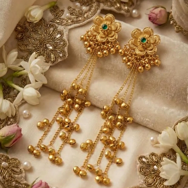 Classic Floral Jhumki Earrings with Hanging Ghungroo Detailing