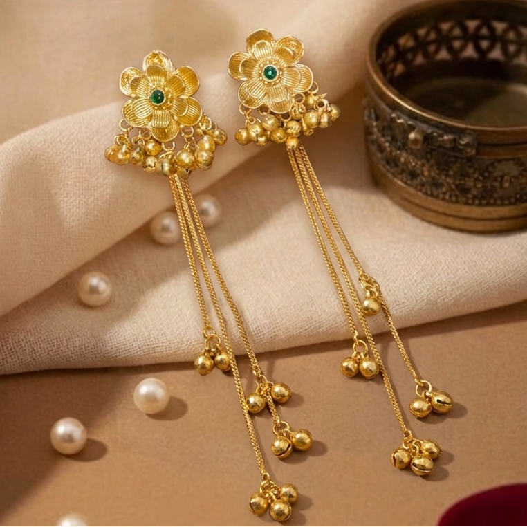 Classic Floral Jhumki Earrings with Hanging Ghungroo Detailing