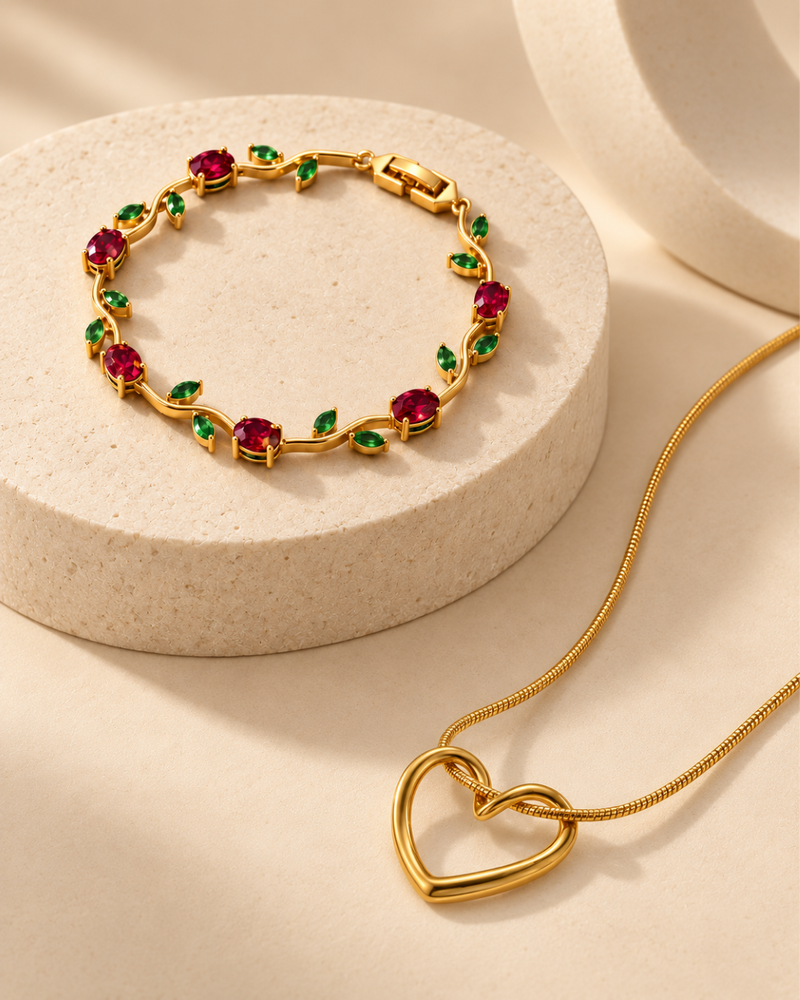Heart Pendant Necklace with Floral Gemstone Bracelet Set