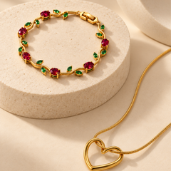 Heart Pendant Necklace with Floral Gemstone Bracelet Set