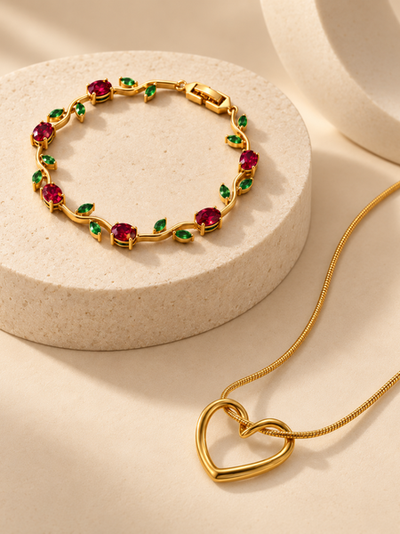 Heart Pendant Necklace with Floral Gemstone Bracelet Set