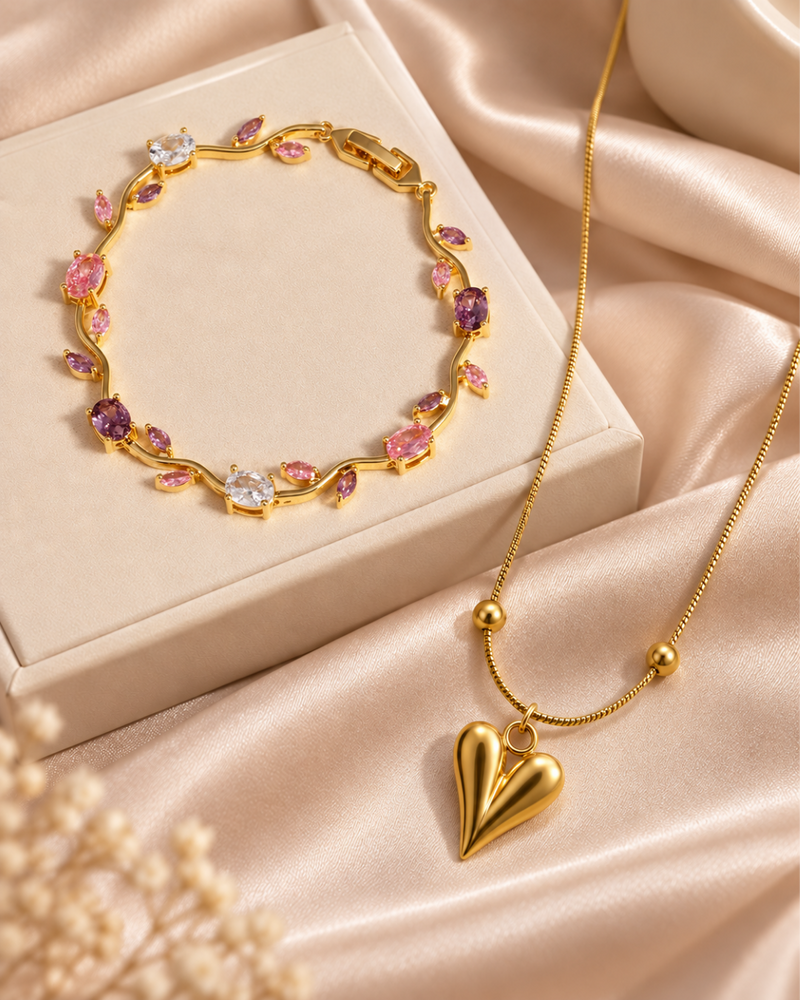 Heart Pendant Necklace & Floral Gemstone Bracelet Set
