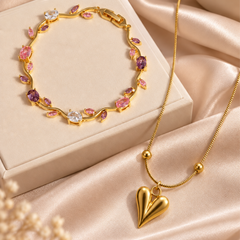 Heart Pendant Necklace & Floral Gemstone Bracelet Set
