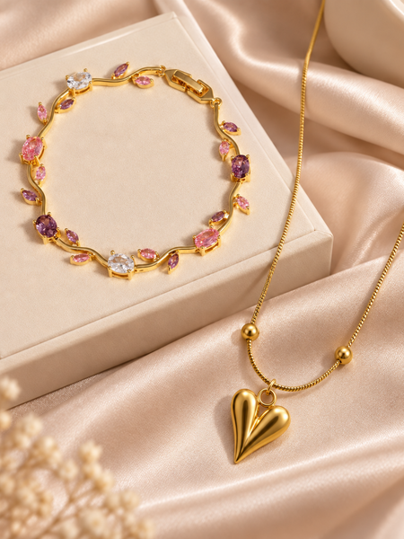 Heart Pendant Necklace & Floral Gemstone Bracelet Set