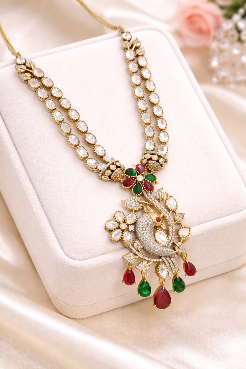 Dual Strand Floral Peacock Pendant Necklace