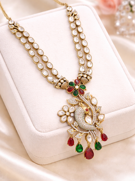 Dual Strand Floral Peacock Pendant Necklace