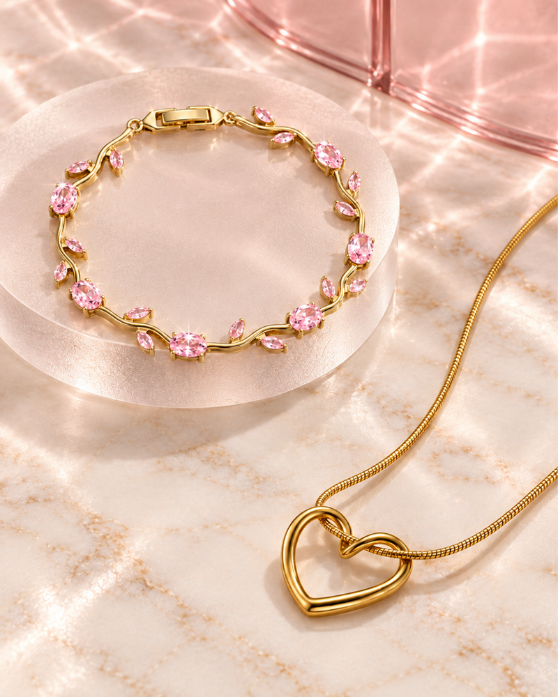 Heart Pendant Necklace with Floral Gemstone Bracelet Set