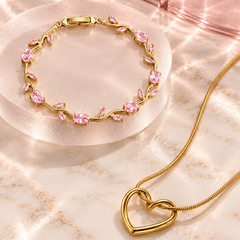 Heart Pendant Necklace with Floral Gemstone Bracelet Set