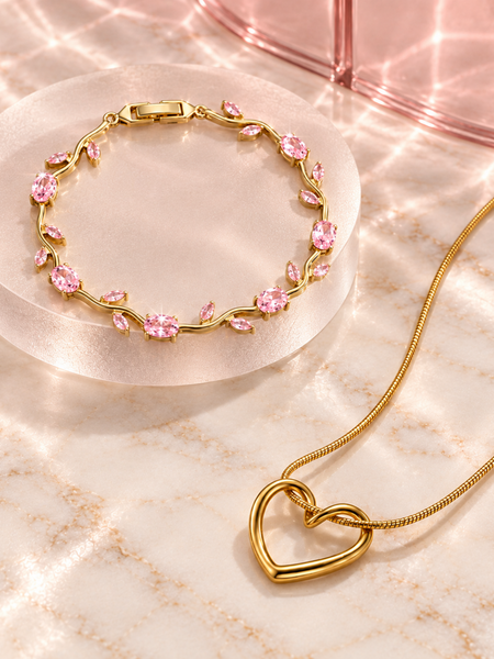 Heart Pendant Necklace with Floral Gemstone Bracelet Set