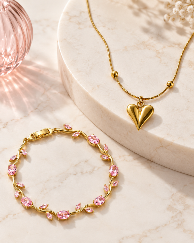 Heart Pendant Necklace & Floral Gemstone Bracelet Set