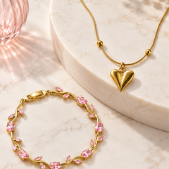 Heart Pendant Necklace & Floral Gemstone Bracelet Set