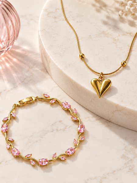Heart Pendant Necklace & Floral Gemstone Bracelet Set