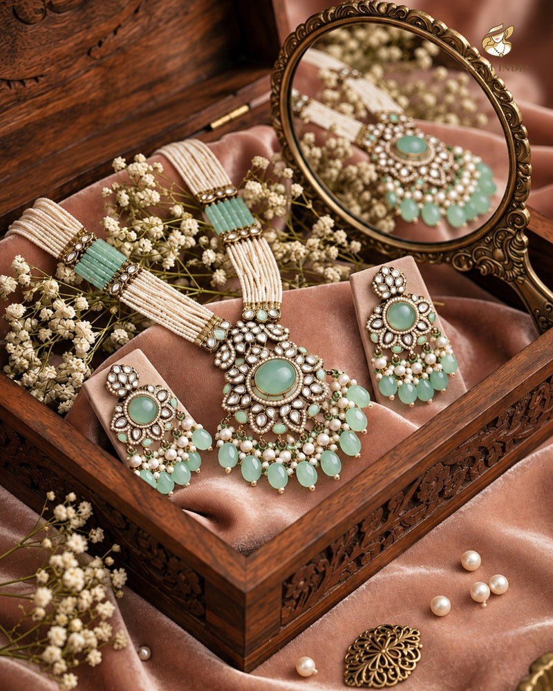 Mint Meher Kundan Pearl Necklace Set
