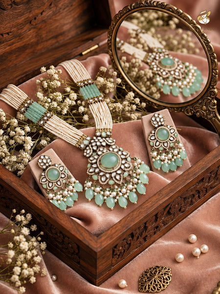 Mint Meher Kundan Pearl Necklace Set