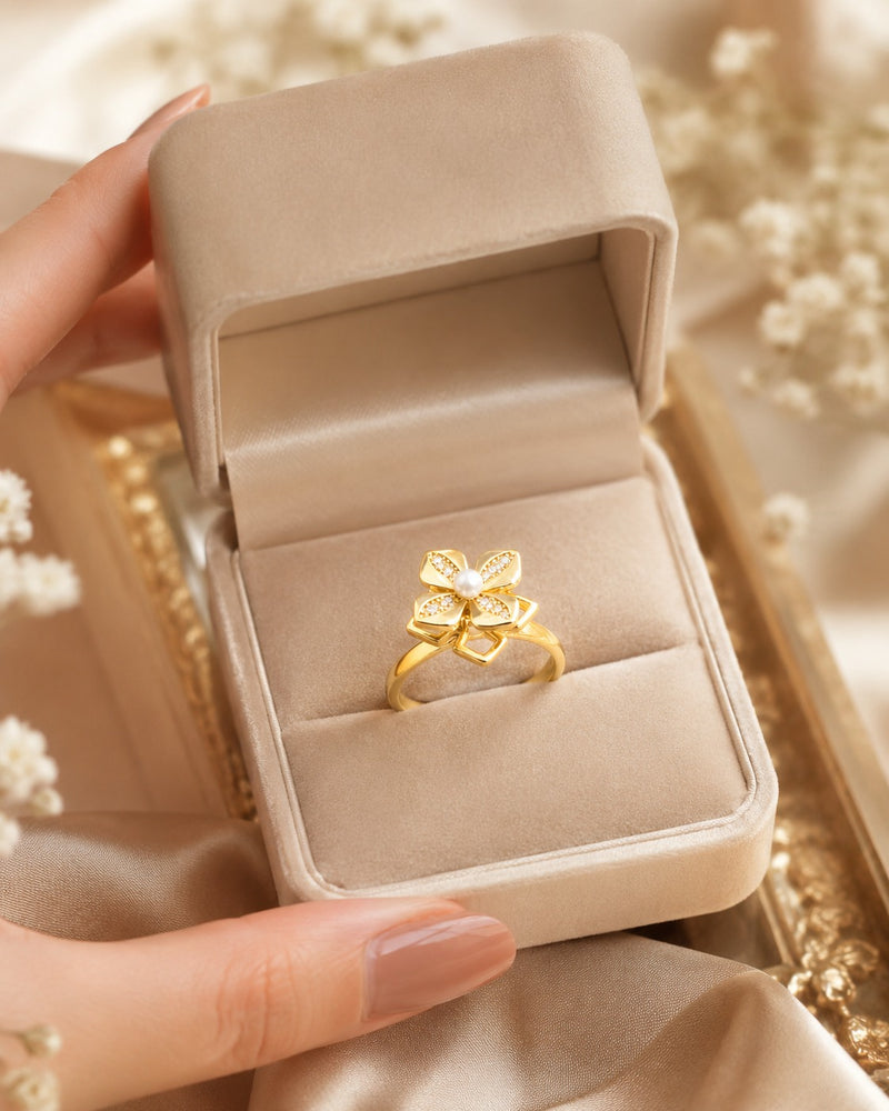 Gold Plated Pearl Flower Adjustable Ring for Women