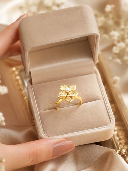 Gold Plated Pearl Flower Adjustable Ring for Women