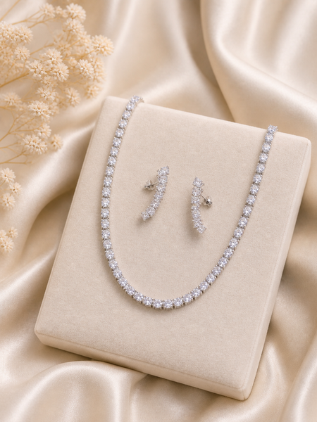 Tennis Necklace & Crystal Leaf Earrings Set for Women