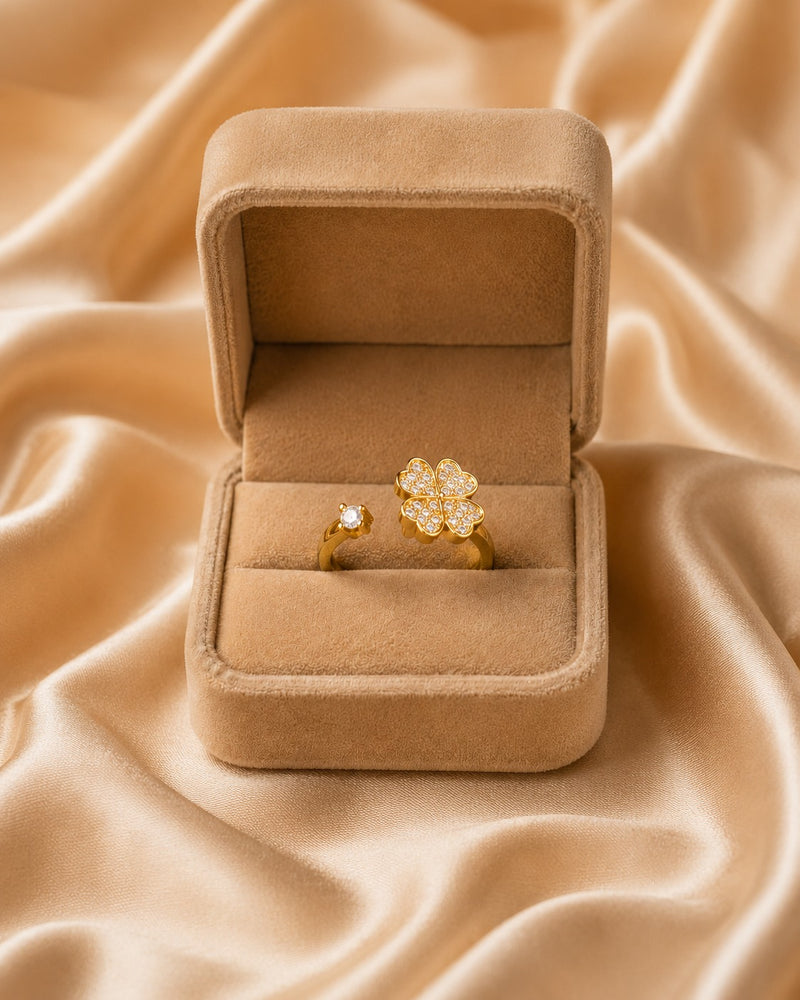 Gold Plated Four Leaf Clover Adjustable Ring for Women