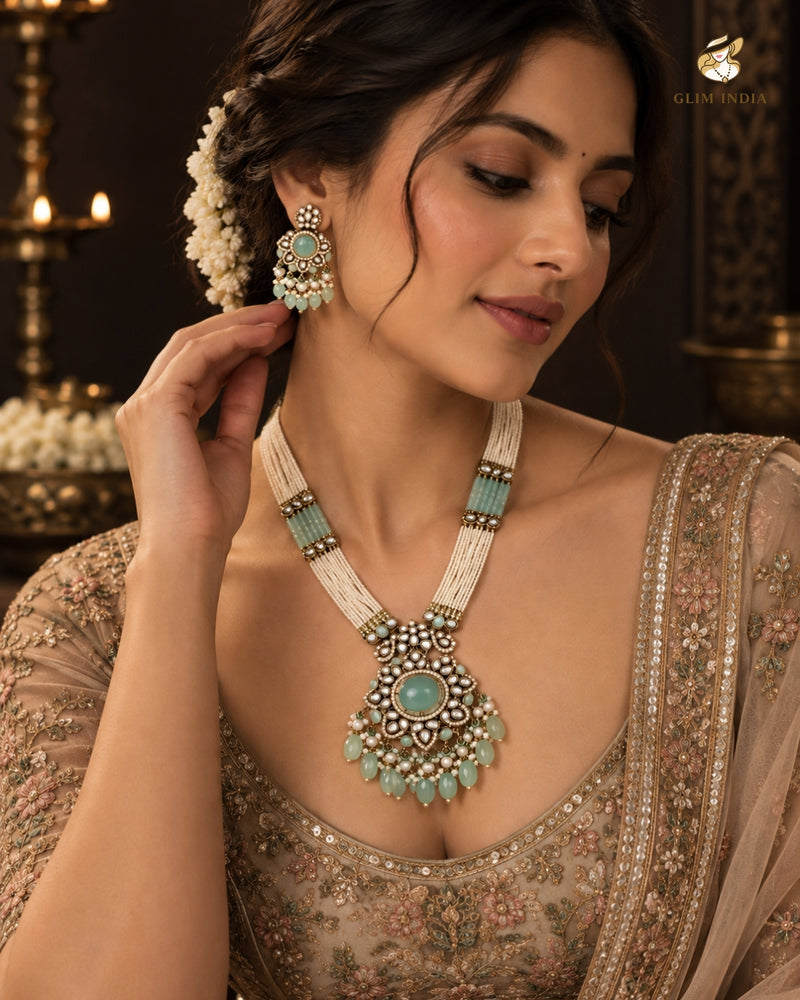 Mint Meher Kundan Pearl Necklace Set
