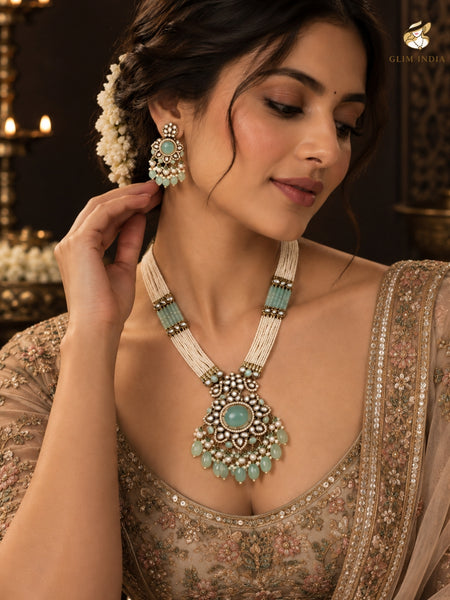 Mint Meher Kundan Pearl Necklace Set