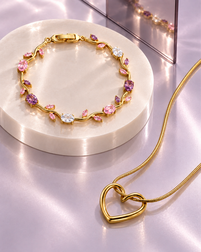 Heart Pendant Necklace with Floral Gemstone Bracelet Set