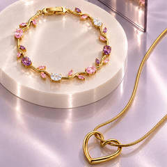 Heart Pendant Necklace with Floral Gemstone Bracelet Set