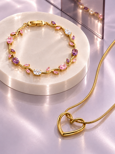 Heart Pendant Necklace with Floral Gemstone Bracelet Set