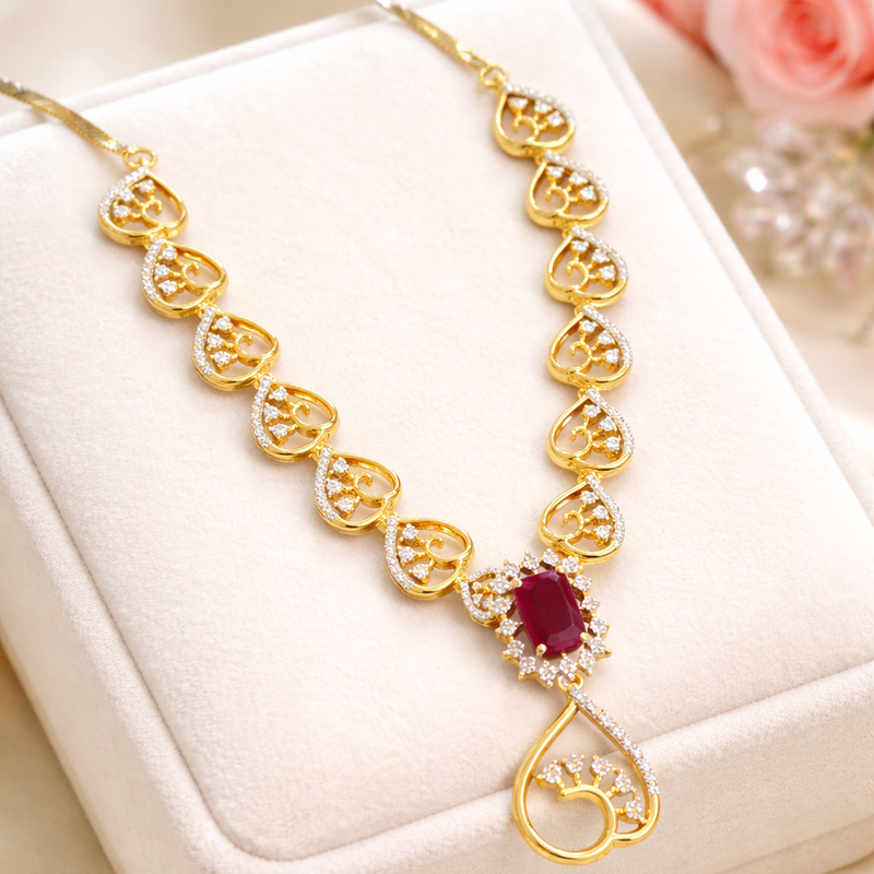 Heart Design Necklace with Ruby Stone Pendant