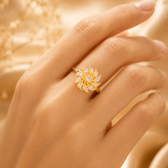 Gold Plated Sunburst Crystal Adjustable Ring for Women