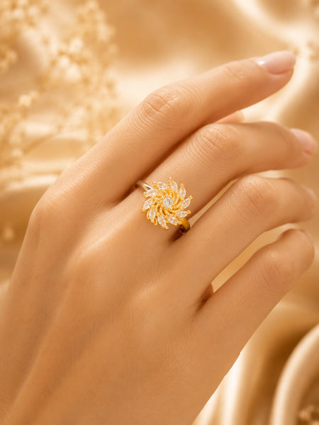 Gold Plated Sunburst Crystal Adjustable Ring for Women