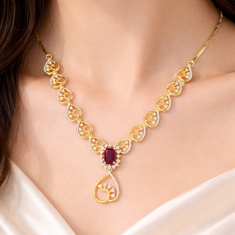 Heart Design Necklace with Ruby Stone Pendant