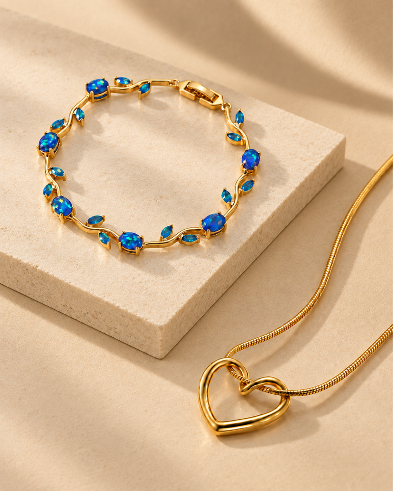 Heart Pendant Necklace with Floral Gemstone Bracelet Set