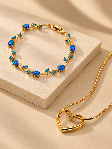 Heart Pendant Necklace with Floral Gemstone Bracelet Set