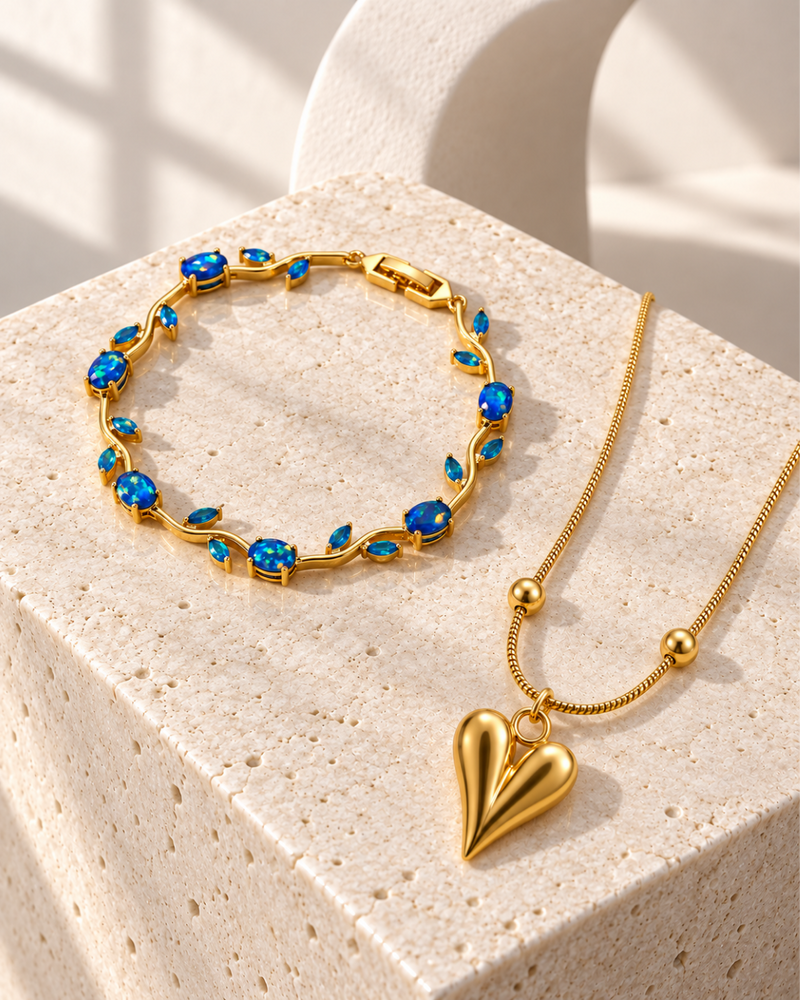 Heart Pendant Necklace & Floral Gemstone Bracelet Set
