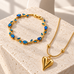 Heart Pendant Necklace & Floral Gemstone Bracelet Set