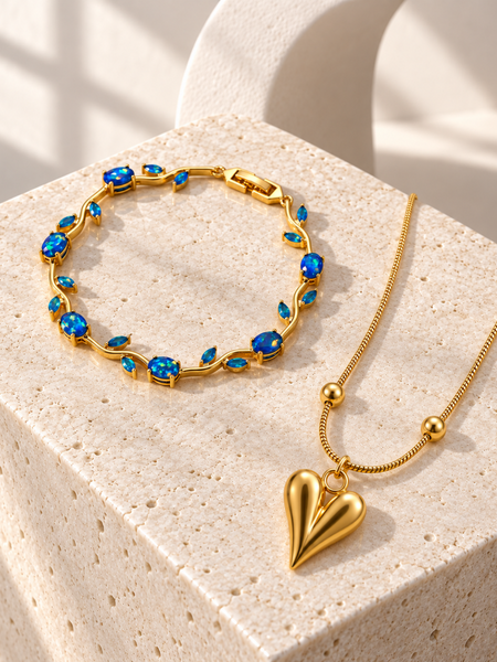 Heart Pendant Necklace & Floral Gemstone Bracelet Set
