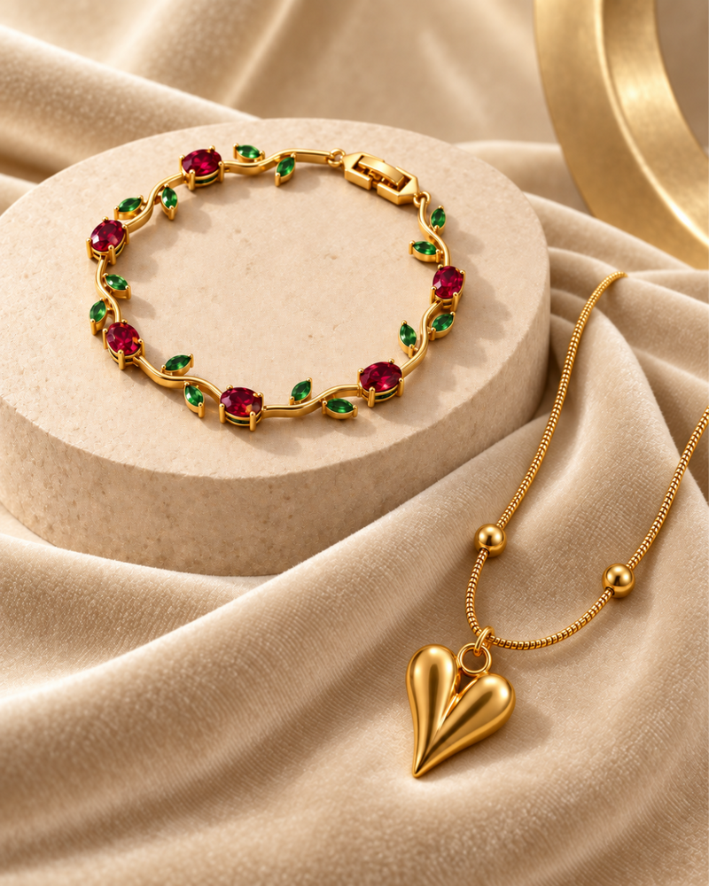 Heart Pendant Necklace & Floral Gemstone Bracelet Set
