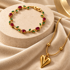 Heart Pendant Necklace & Floral Gemstone Bracelet Set