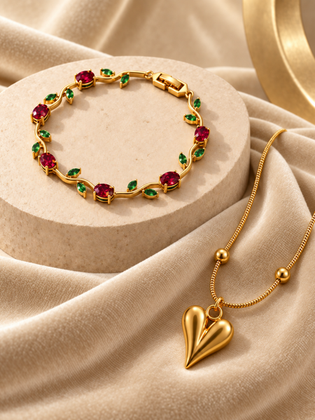 Heart Pendant Necklace & Floral Gemstone Bracelet Set