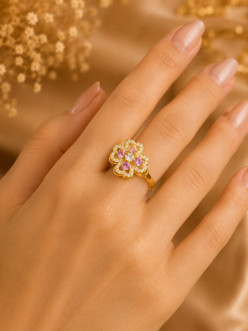 Gold Plated Pink Floral Crystal Ring for Women