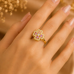 Gold Plated Pink Floral Crystal Ring for Women